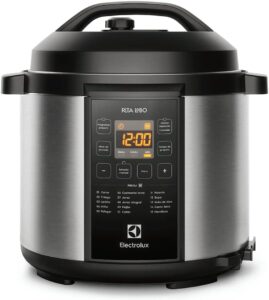 Panela pressão elétrica Electrolux digital capacidade 6L silenciosa segura 10 travas segurança 15 receitas pré-programadas 3 níveis pressão PCC20 inox preto 127v por Rita Lobo
