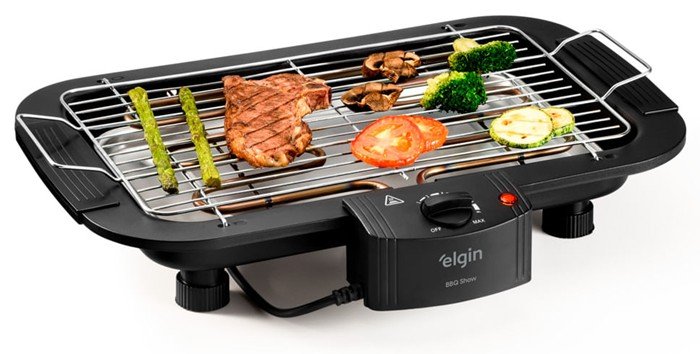 Churrasqueira elétrica Elgin BBQ Show com grelha e alimentos