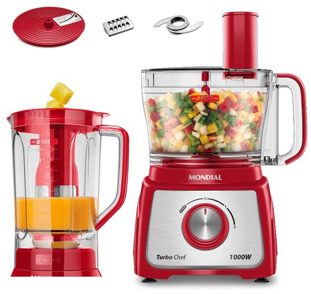 Multiprocessador Mondial Turbo Chef 5 em 1 vermelho com jarra e lâminas